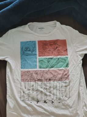 Old Navy White Naruto Panel Graphic Tee with Blue, Red, Green, Pink Accents